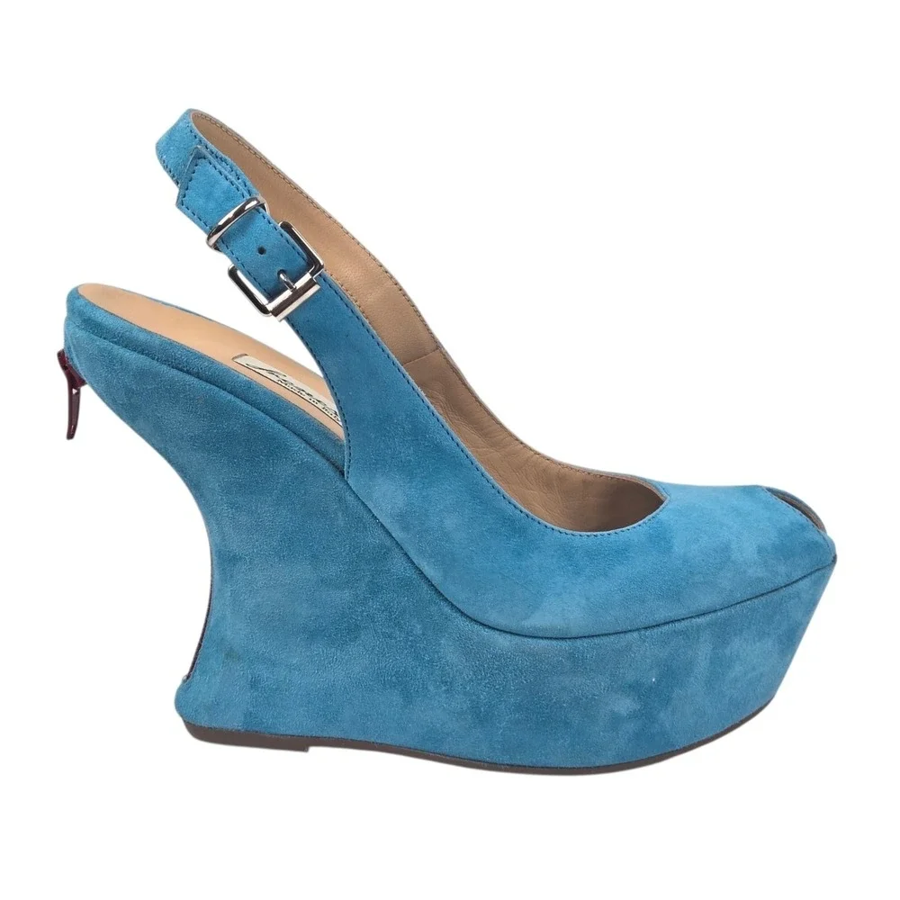 Luxury Turquoise Suede Peep-toe Platform Slingback Wedge Sandal Size 38 NIB $458